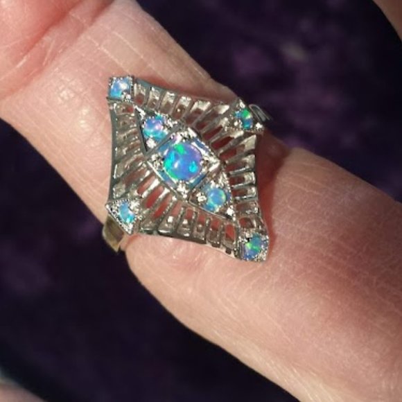 Fire Opal Ring Art Deco Style Ring  Size 6.5 - Picture 7 of 9